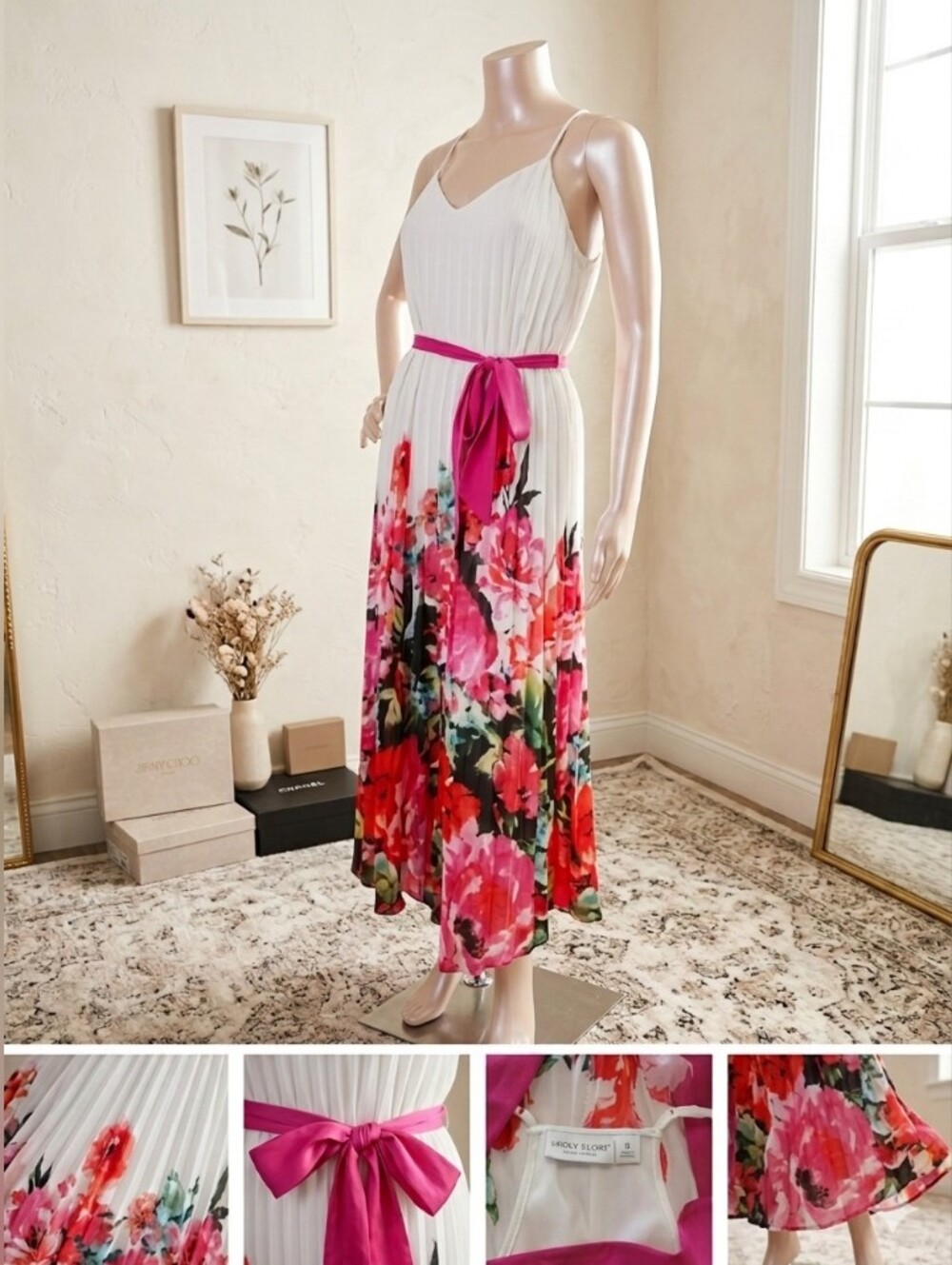 Bisou Bisou Pleated Floral Maxi Dress White Pink Accordion Skirt Sleeveless Sz 4